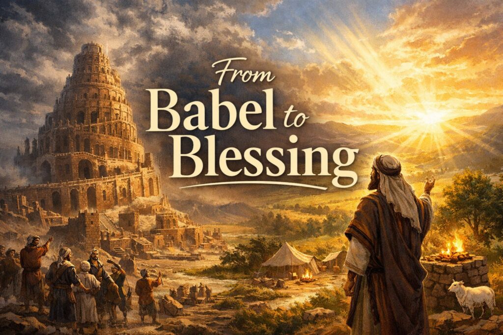 Illustration of the biblical story from Babel to blessing, showing people dispersing from the Tower of Babel, a radiant rainbow in the sky, and a peaceful landscape symbolizing God’s redemptive plan and blessing for humanity.