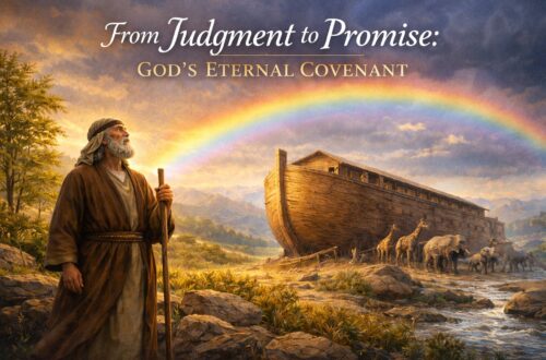 A traditional-style digital painting depicting Noah standing near the ark after the flood, with calm waters and a vibrant rainbow in the sky, symbolizing God’s mercy, faithfulness, and the eternal covenant.